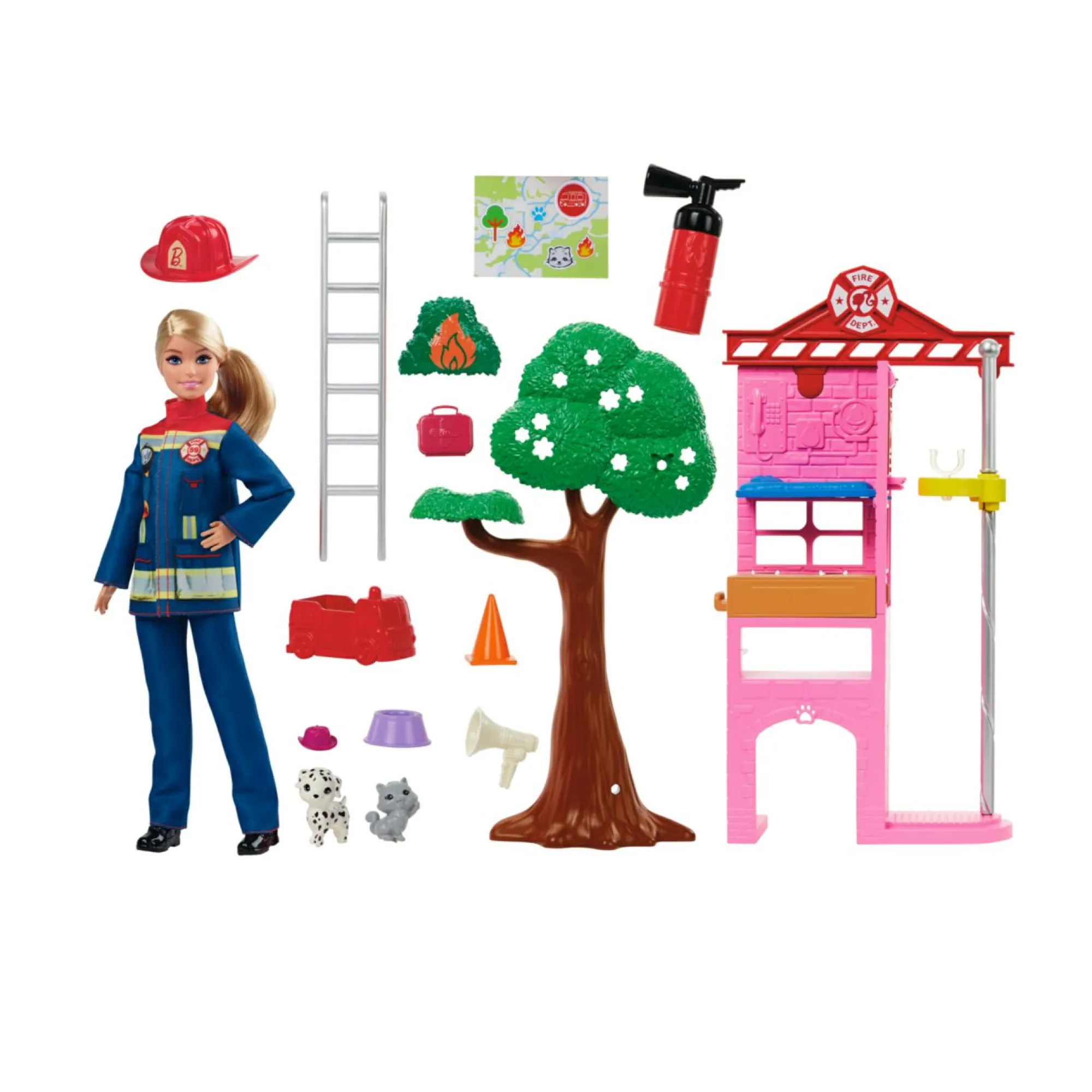 Barbie carriere – vigilessa del fuoco, playset con bambola e caserma dei pompieri, include 2 cuccioli con effetto cambia colore> Fashion Dolls