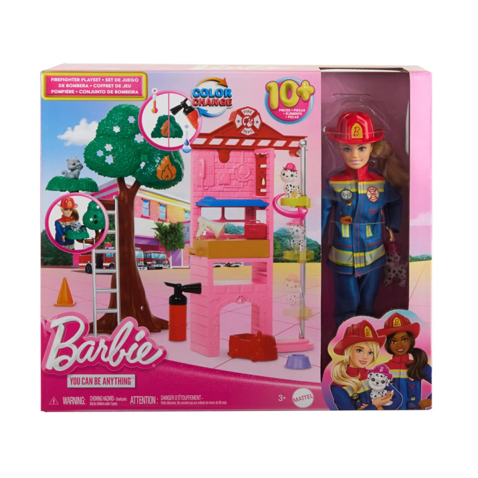 Barbie carriere – vigilessa del fuoco, playset con bambola e caserma dei pompieri, include 2 cuccioli con effetto cambia colore> Fashion Dolls