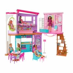 Barbie casa di malibu (106 cm) playset casa delle bambole con 2 piani, 6 stanze, ascensore, altalena e +30 accessori, giocattolo per bambini 3+ anni> Case Delle Bambole