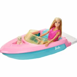 Barbie playset con bambola bionda, motoscafo galleggiante, cucciolo e accessori, 3+anni><noscript><img width=
