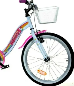 Bici bambina unicorn 20″ – colori arcobaleno, telaio in acciaio, freni anteriori e posteriori, cestino, catarifrangenti e parafanghi per bambine dai 7 a 11 anni><noscript><img width=