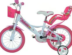 Bici bambina unicorn 14″ – colori arcobaleno, telaio in acciaio, freni anteriori e posteriori, cestino, portabambola per bambine dai 5 ai 7 anni> Biciclette Per Bambini
