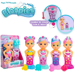 BLOOPIES mermaids magic tails, bambola singola assortita per il bagnetto 2 in 1: sirena e bambina, spruzzano acqua> Mini Dolls