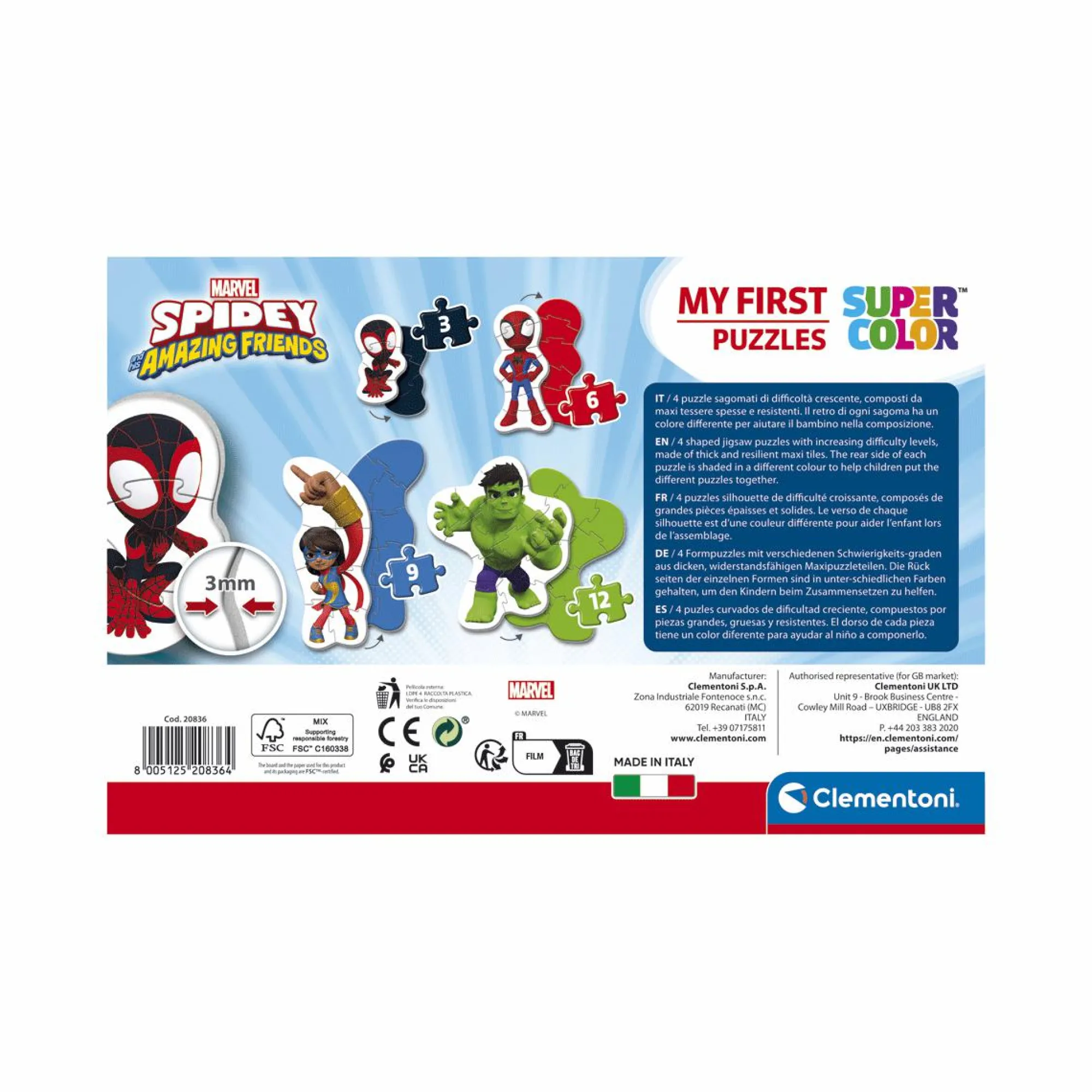 CLEMENTONI – supercolor puzzle marvel spidey and his amazing friends – 3+6+9+12 pezzi, 20836> Puzzle Per Bambini