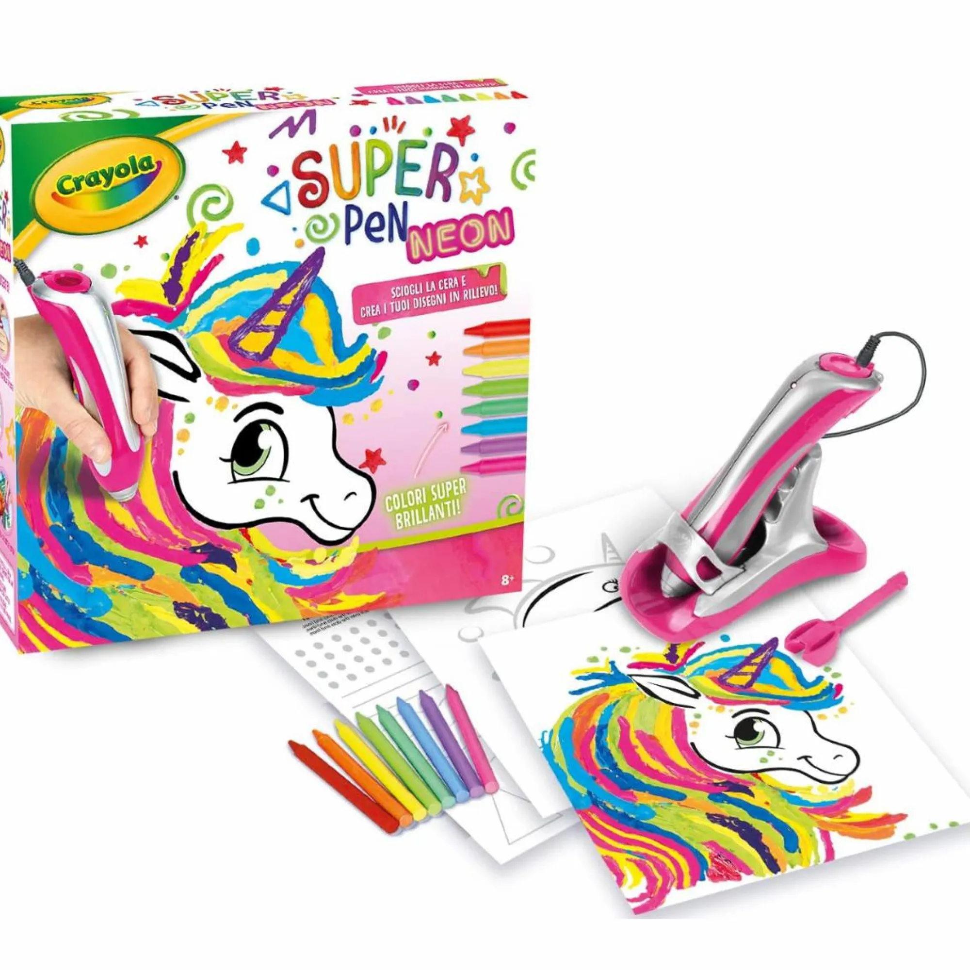 CRAYOLA – super pen unicorno neon, gioco per sciogliere i pastelli a cera e creare disegni in rilievo, attività creativa e regalo per bambini, età 8+> Cancelleria E Accessori