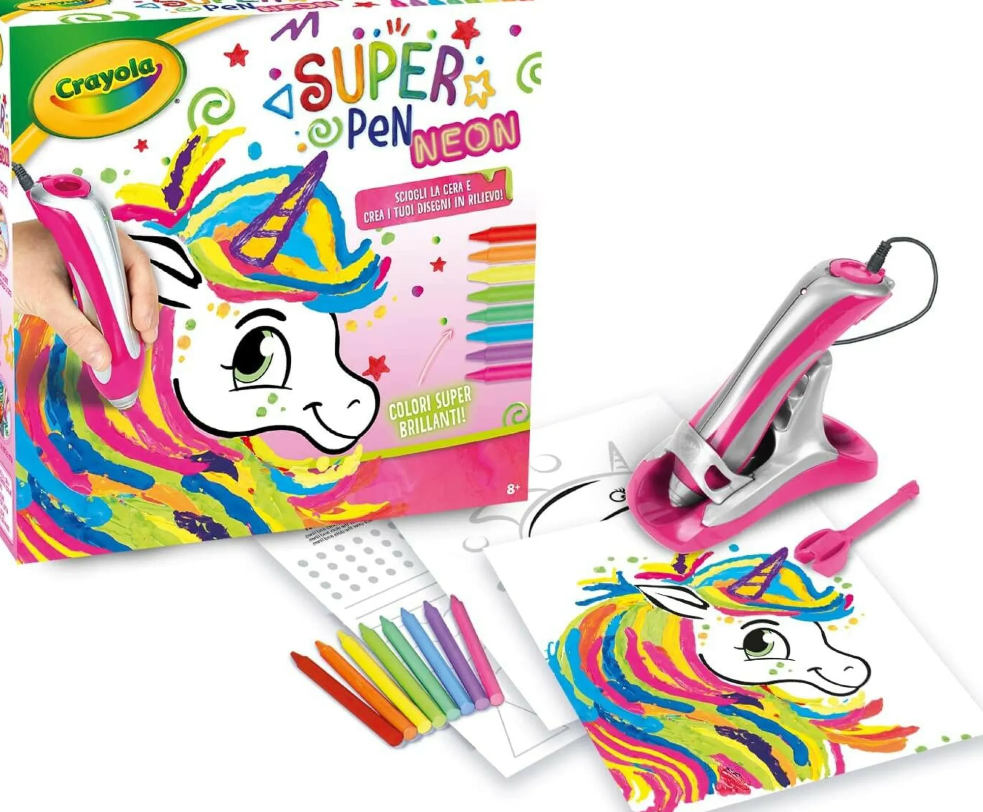 CRAYOLA – super pen unicorno neon, gioco per sciogliere i pastelli a cera e creare disegni in rilievo, attività creativa e regalo per bambini, età 8+> Cancelleria E Accessori
