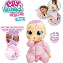 CRY BABIES newborn coney, bambola interattiva di una vera neonata, mangia, piange e si calma e ride solo con te, grazie al braccialetto elettronico> Bambolotti