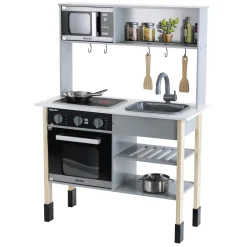 MIELE Cucina in legno con luci e suoni – fornello, microonde, lavello estraibile e accessori inclusi – 70x30x91 cm> Cucine Giocattolo