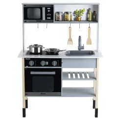 MIELE Cucina in legno con luci e suoni – fornello, microonde, lavello estraibile e accessori inclusi – 70x30x91 cm> Cucine Giocattolo