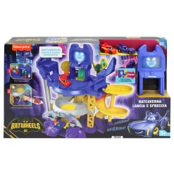 Fisher-price dc batwheels – batcaverna lancia e sfreccia, playset pista ispirato alla batcaverna con 3 piani di gioco, luci e suoni><noscript><img width=