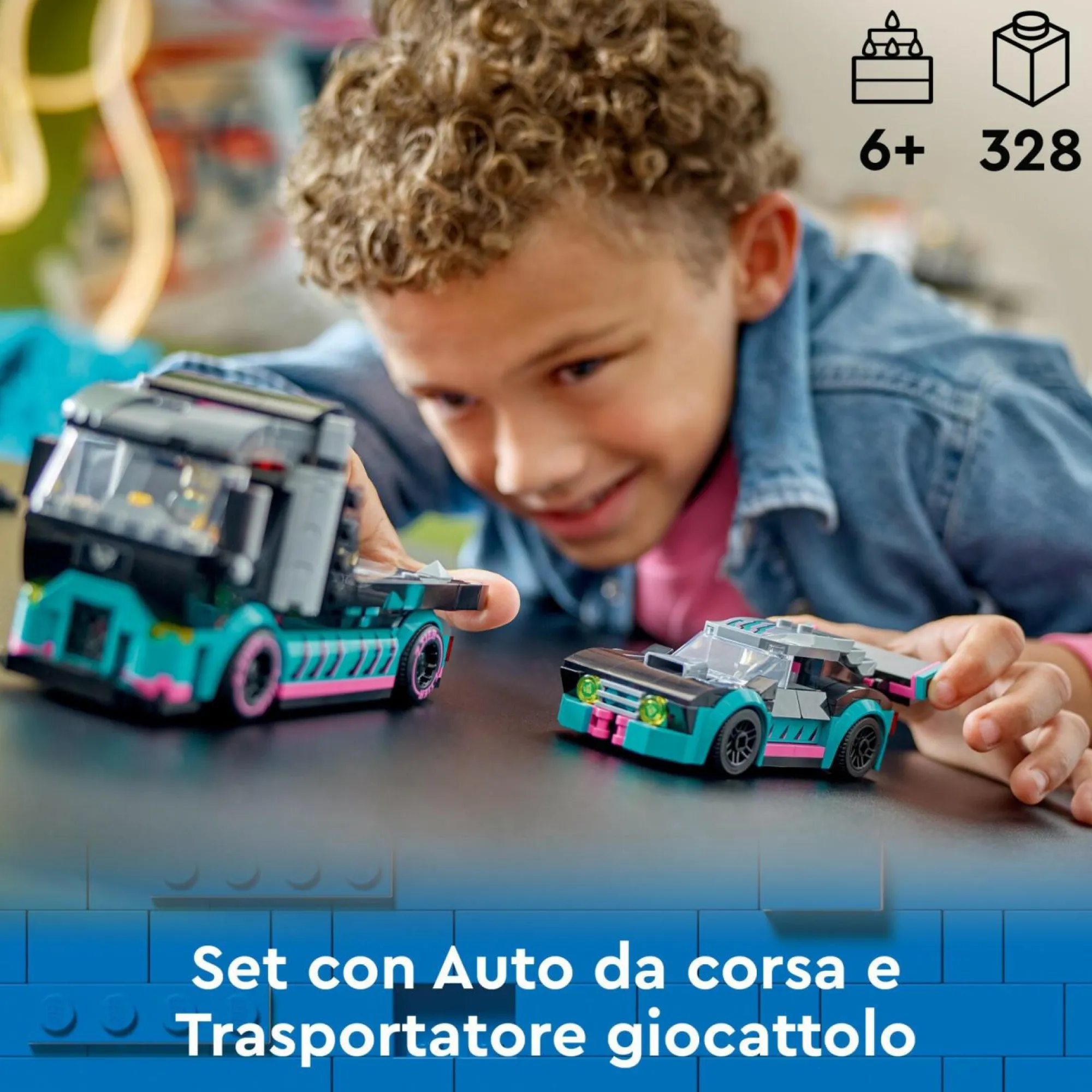 Lego city 60406 auto da corsa e trasportatore, macchina e camion giocattolo per bambini di 6+, veicolo con rampa funzionante> Mattoncini