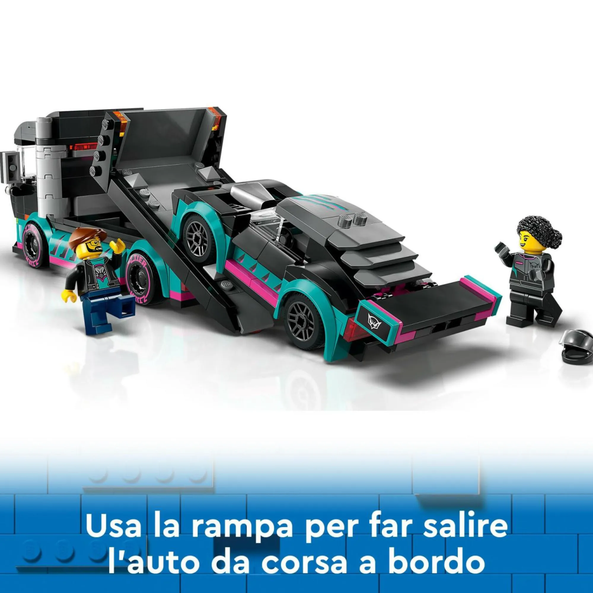 Lego city 60406 auto da corsa e trasportatore, macchina e camion giocattolo per bambini di 6+, veicolo con rampa funzionante> Mattoncini