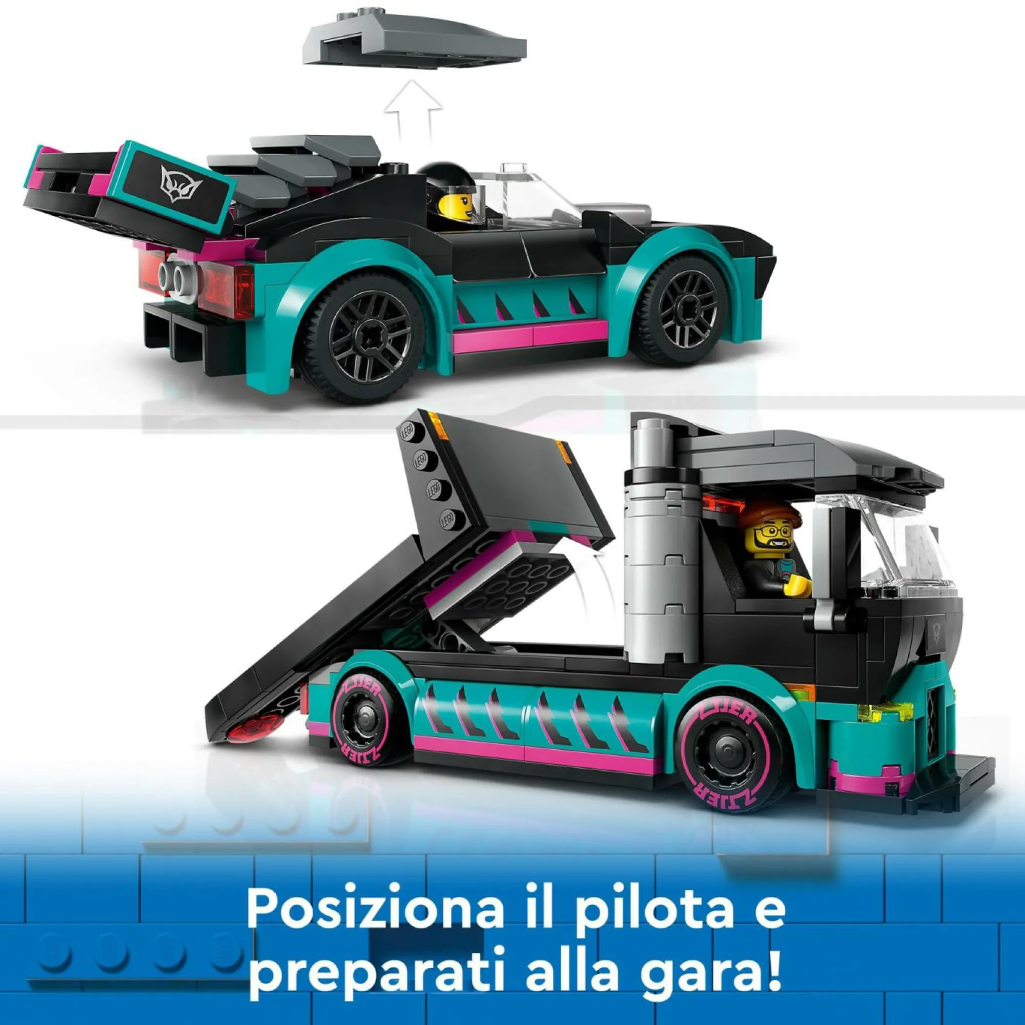 Lego city 60406 auto da corsa e trasportatore, macchina e camion giocattolo per bambini di 6+, veicolo con rampa funzionante> Mattoncini