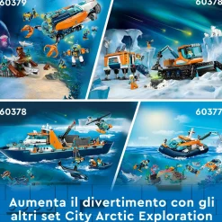 Lego city 60368 esploratore artico, grande nave giocattolo galleggiante con elicottero, gommone, sottomarino e relitto barca><noscript><img width=