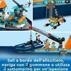 Lego city 60368 esploratore artico, grande nave giocattolo galleggiante con elicottero, gommone, sottomarino e relitto barca><noscript><img width=