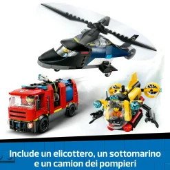 LEGO CITY 60462 3in1 elicottero, autopompa e sottomarino – giocattolo combinabile con 3 minifigure, giochi per bambini 7+><noscript><img width=