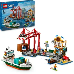 Lego city 60422 porto e nave merci, giochi per bambini 8+ con barca giocattolo, gru funzionante, moto d’acqua e 8 minifigure> Mattoncini