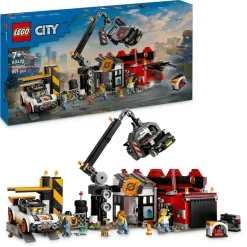 LEGO CITY 60472 sfasciacarrozze con auto, giocattolo con 2 macchine, ricambi, gru, crusher e 4 minifigure, giochi bambini 8+> Mattoncini