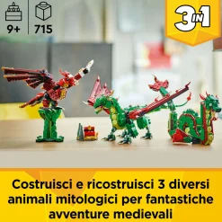 LEGO CREATOR 3 in 1 31161 drago medievale giocattolo, si trasforma in serpente o fenice, animali da costruire per bambini 9+> Mattoncini