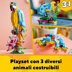 Lego creator 31136 pappagallo esotico, set 3 in 1 con pesce e rana, animali giocattolo, giochi creativi per bambini da 7 anni> Mattoncini