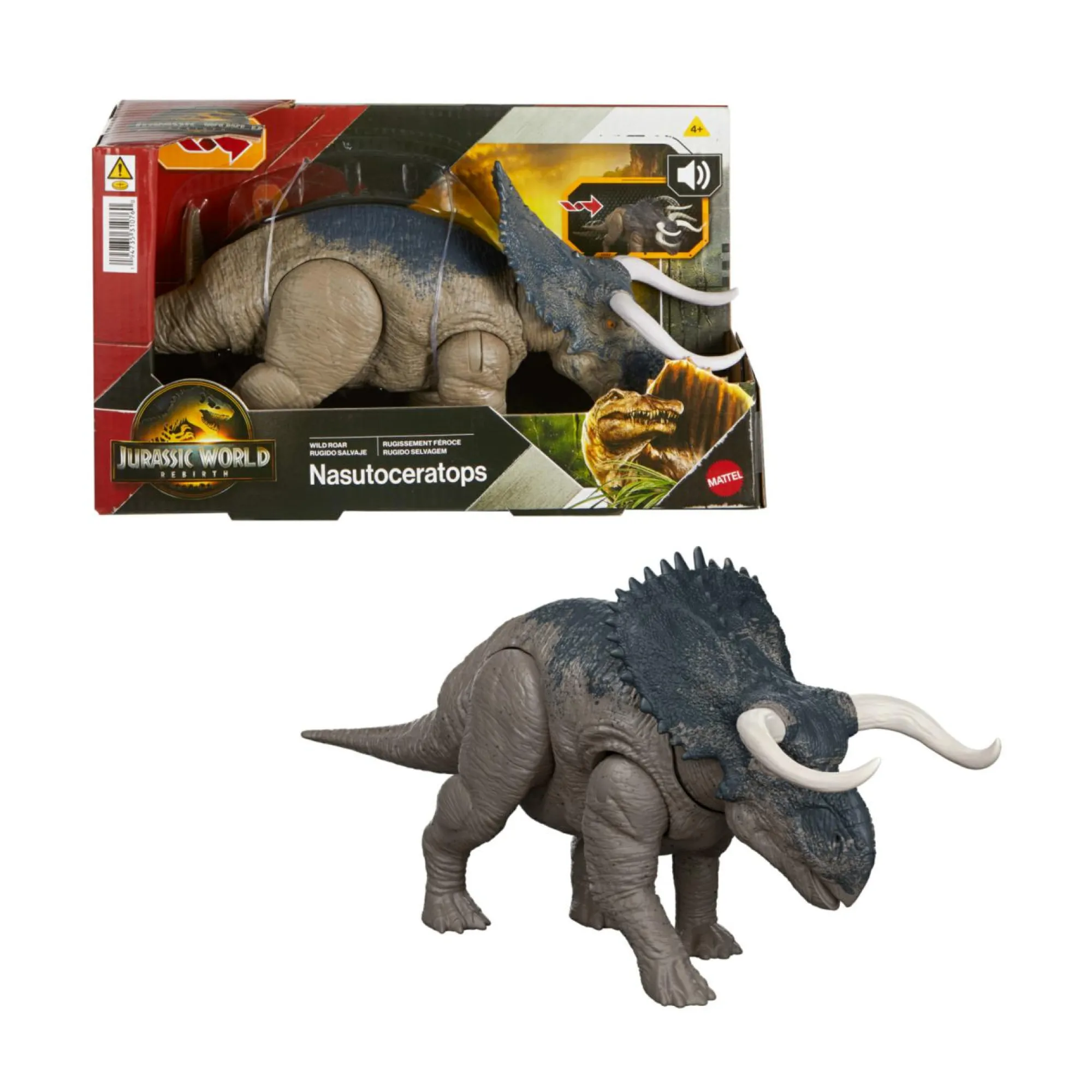 Jurassic World Mattel – nasutoceratopo ruggito selvaggio jw – dinosauro snodato con suoni e attacco coda> Action Figures