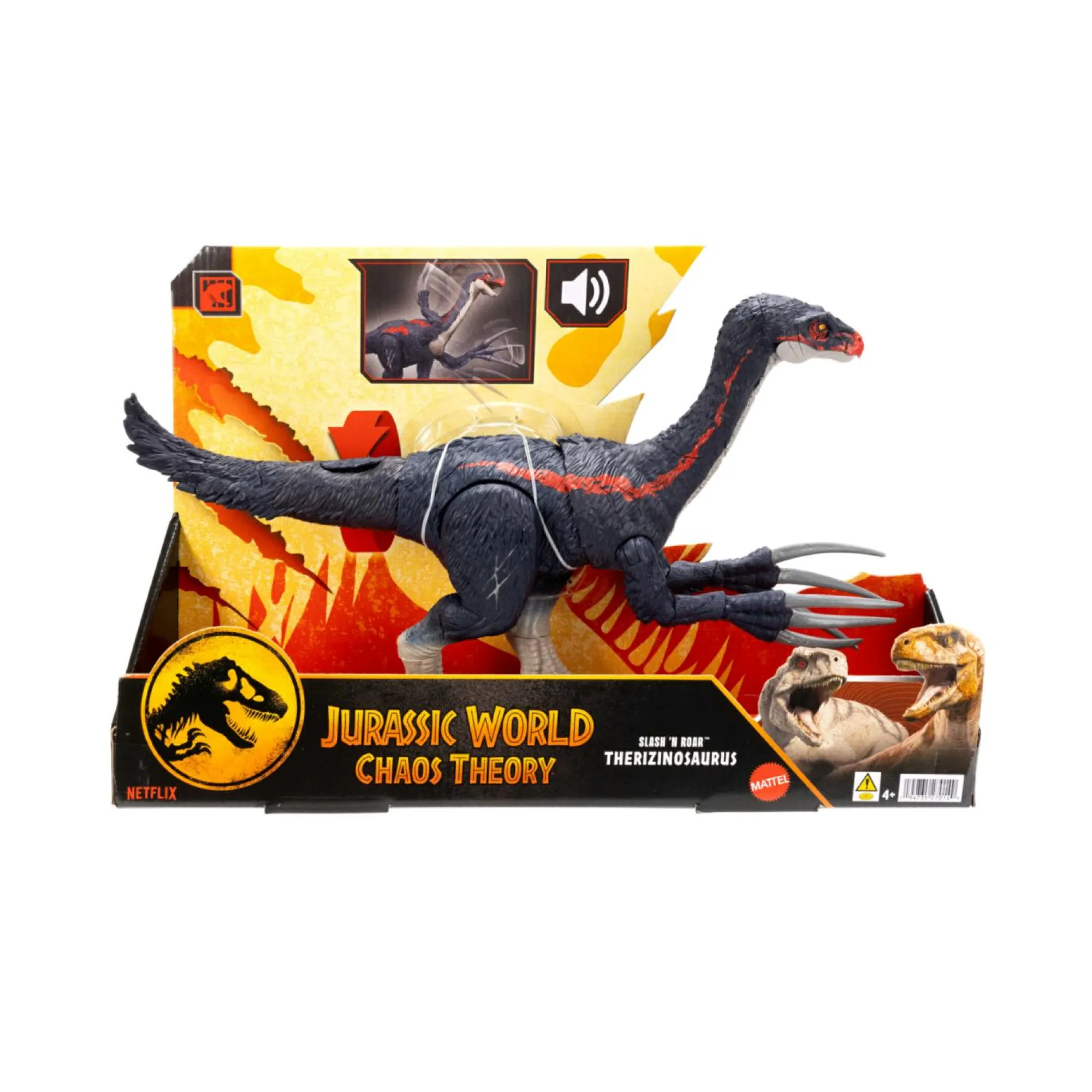 Jurassic World Mattel – terizinosauro attacca e ruggisci, dinosauro con azione d’attacco, ruggito ed effetti sonori> Action Figures