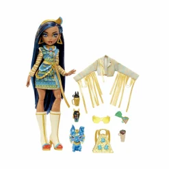 Monster High – cleo de nile, bambola snodata alla moda, dai capelli con ciocche blu, con accessori e cagnolino, giocattolo per bambini, 4+ anni, hhk54> Fashion Dolls
