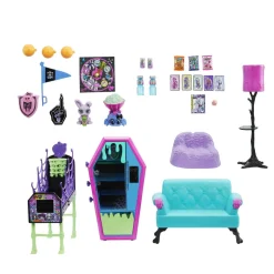 Monster High playset salone degli studenti con mobili, accessori a tema, 2 animali domestici e distributore automatico funzionante><noscript><img width=