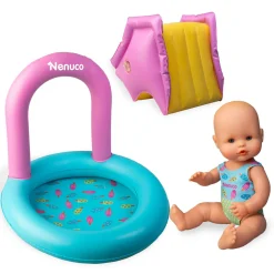 NENUCO festa in piscina, bambola 35 cm con costume colorato e piscina gonfiabile;> Bambolotti