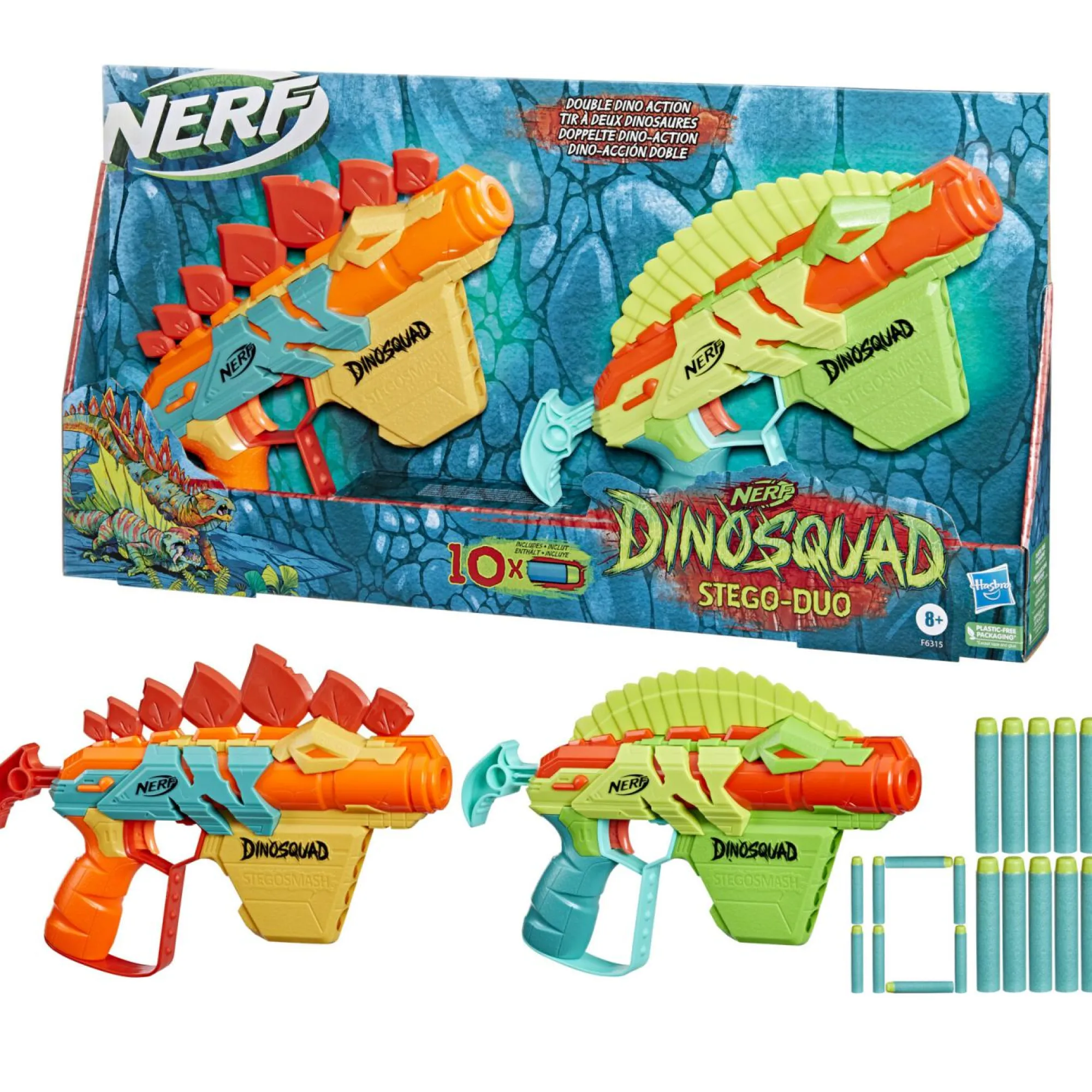 NERF , dinosquad – stego-duo, 2 blaster, 10 dardi elite 2.0, 2 design a forma di stegosauro, blaster in gommapiuma per giochi all’aperto di bambini e bambine> Giochi Di Abilità E Sport