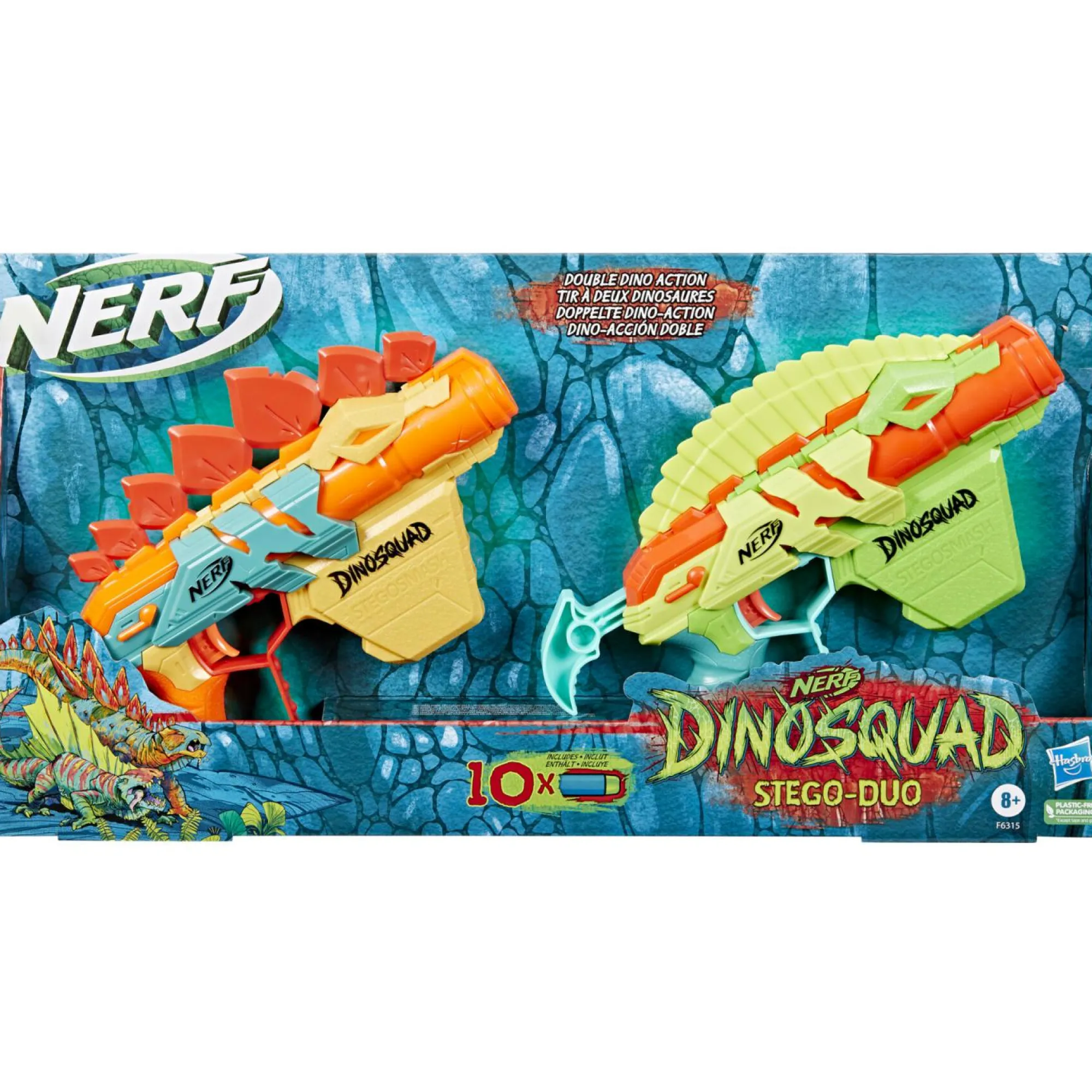 NERF , dinosquad – stego-duo, 2 blaster, 10 dardi elite 2.0, 2 design a forma di stegosauro, blaster in gommapiuma per giochi all’aperto di bambini e bambine> Giochi Di Abilità E Sport