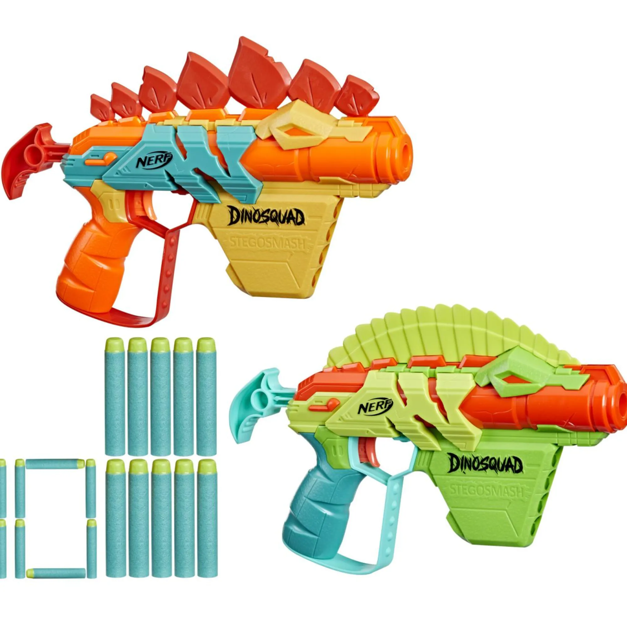 NERF , dinosquad – stego-duo, 2 blaster, 10 dardi elite 2.0, 2 design a forma di stegosauro, blaster in gommapiuma per giochi all’aperto di bambini e bambine> Giochi Di Abilità E Sport