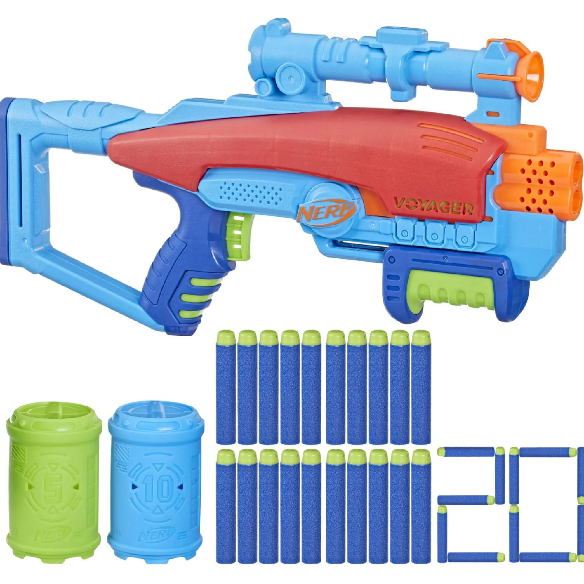 NERF elite junior – set voyage target, blaster in gommapiuma facile da usare, 20 dardi elite, 2 bersagli, per giochi all’aperto di bambini e bambine, dai 6 anni in su> Giochi Di Abilità E Sport