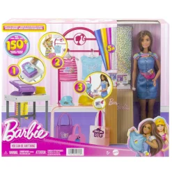 Barbie Playset make & sell boutique, bambola con capelli castani, strumenti per fogli in alluminio, abiti e accessori> Fashion Dolls