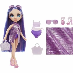 Rainbow High swim & style – violet (viola) – bambola da 28 cm con confezione scintillante e oltre 10 outfit – costume da bagno rimovibile, sandali, accessori divertenti><noscript><img width=