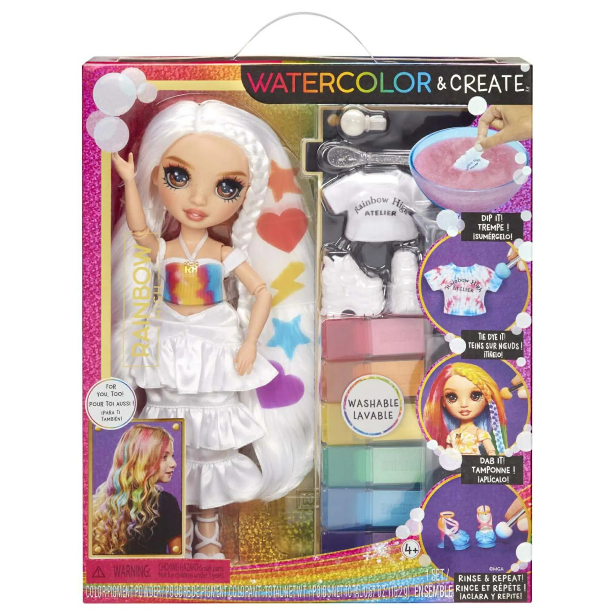 Rainbow High watercolour & create diy fashion doll con acquerelli lavabili e kit tie-dye – occhi marroni, capelli ricci, top e scarpe extra> Fashion Dolls