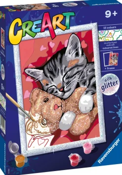 RAVENSBURGER – creart serie d: gattino e il suo orsetto, kit per dipingere con i numeri, contiene una tavola prestampata, pennello, colori e accessori, gioco creativo per bambini 9+ anni> Kit Artistici E Pittura