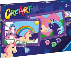 RAVENSBURGER – creart serie junior, unicorni, kit dipingere con i numeri, contiene 2 tavole prestampate, pennello, colori, gioco creativo per maschi e femmine dai 5+ anni di età> Kit Artistici E Pittura