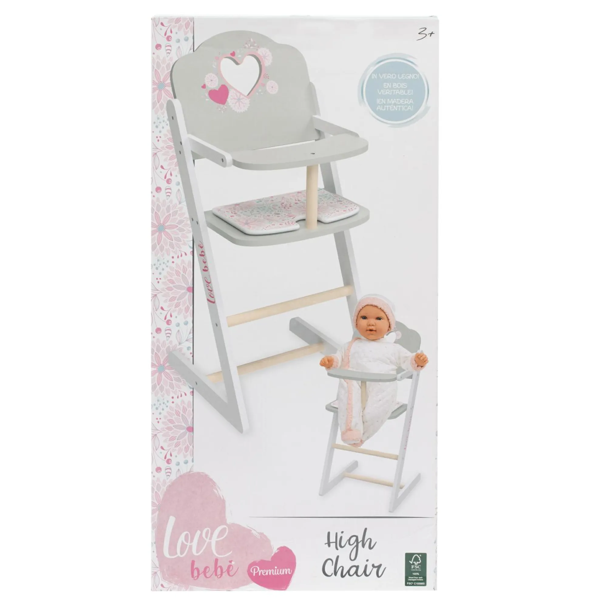 LOVE BEBE' Seggiolone in legno per bambole – design romantico e sostenibile con certificazione fsc – love bebé> Bambolotti