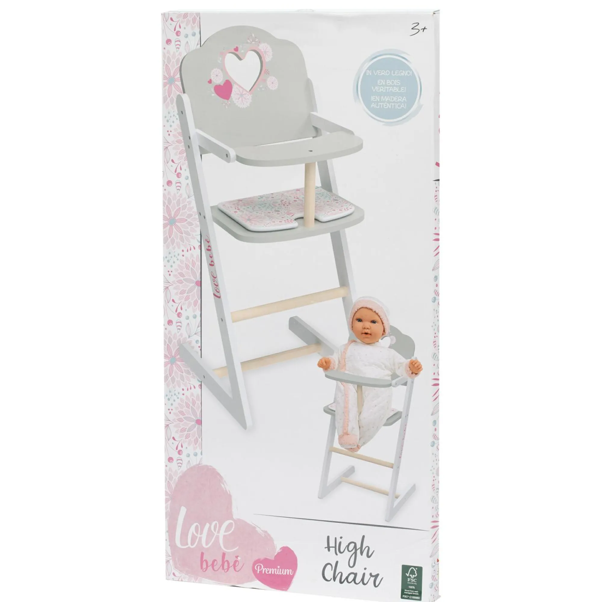 LOVE BEBE' Seggiolone in legno per bambole – design romantico e sostenibile con certificazione fsc – love bebé> Bambolotti